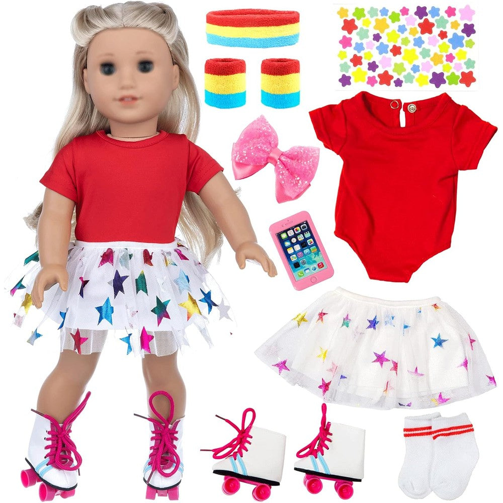 OTMOON 18 inch girl doll travel skating sport play set front view featuring pink roller skates and athletic skirt.