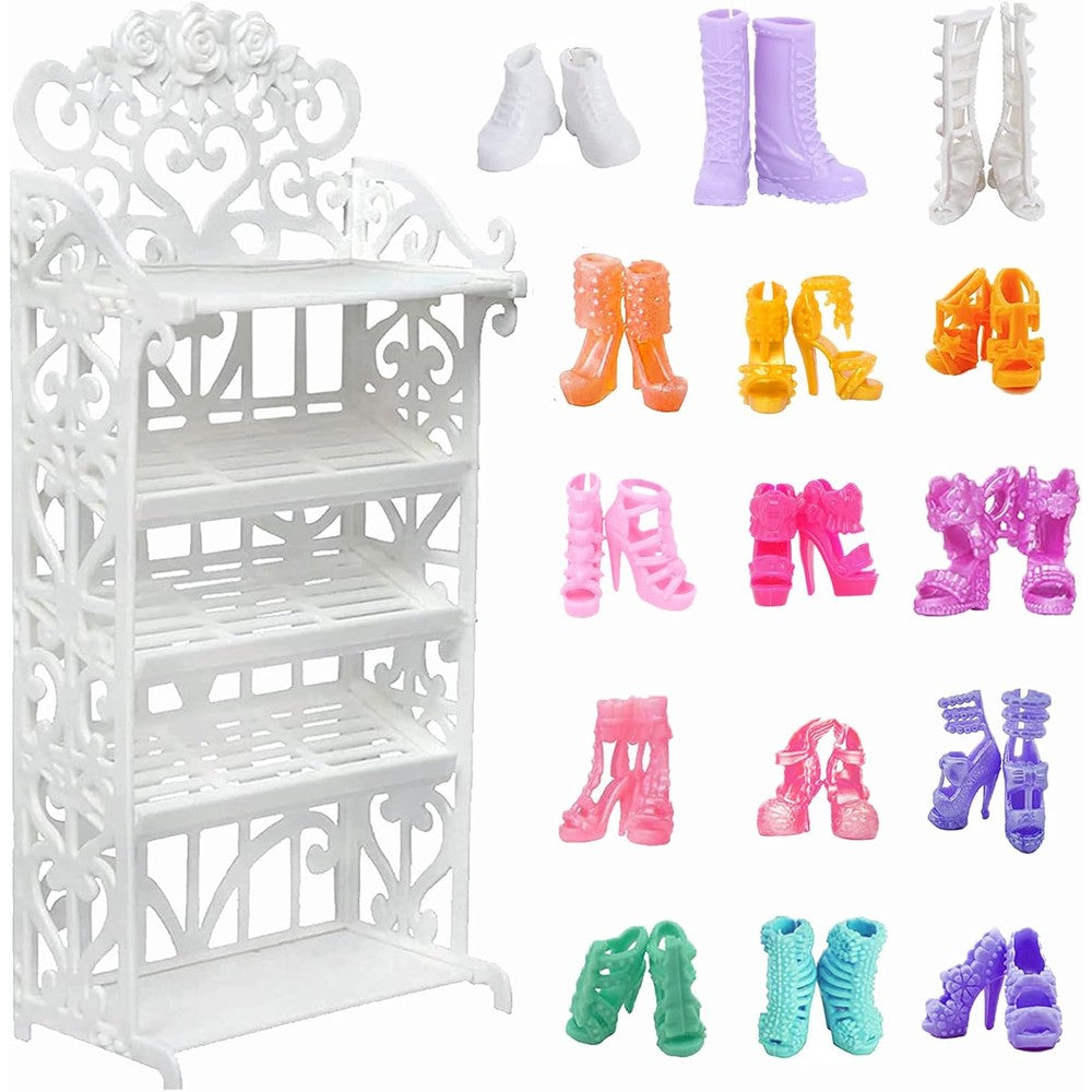 BJDBUS doll shoes rack and 20 pairs shoes set front view