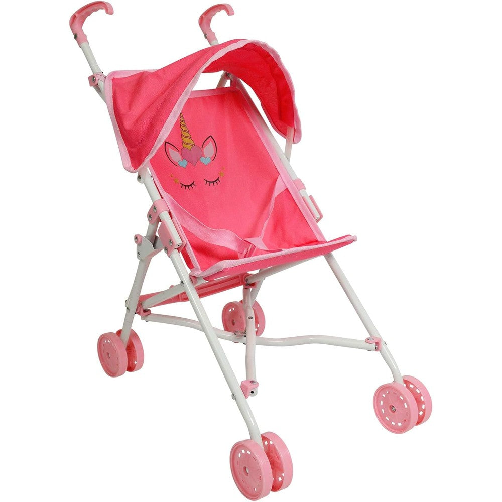 The New York Doll Collection My First Baby Doll Stroller front view showing pink unicorn fabric seat and canopy