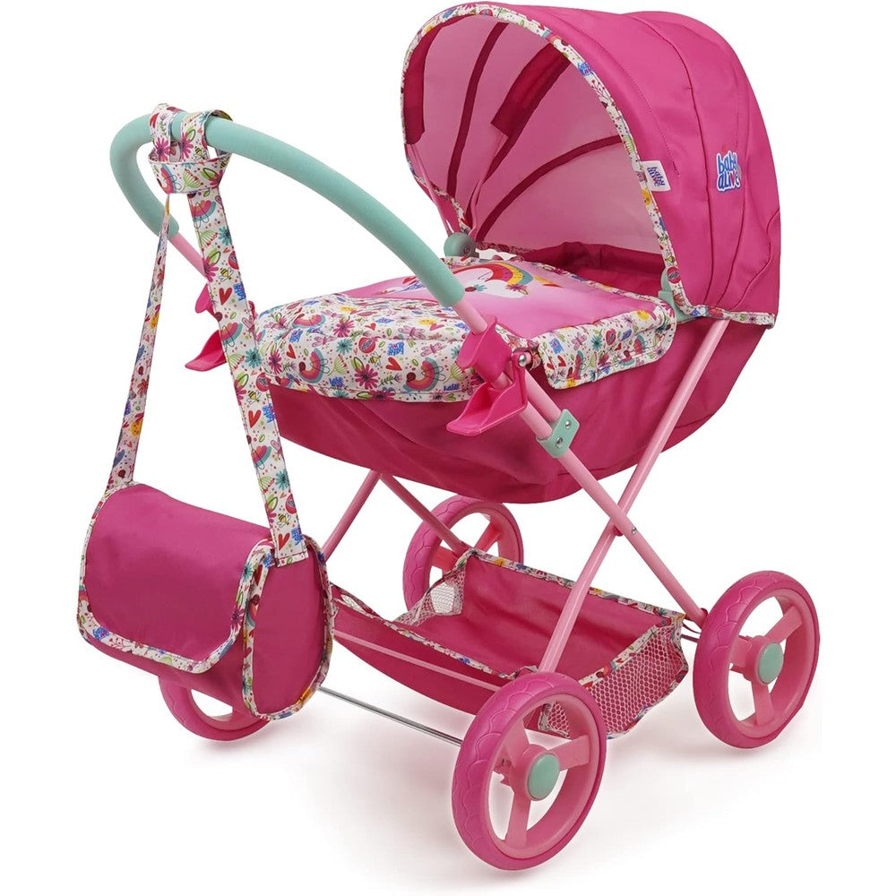 Baby Alive Deluxe Doll Pram front view in pink and rainbow design with large canopy