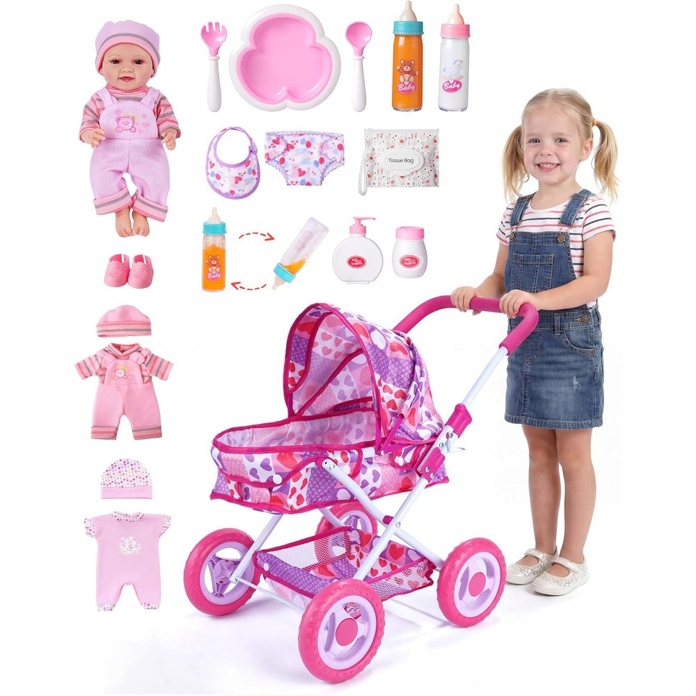 Babeside Baby Doll Stroller Set front view with 12 inch doll