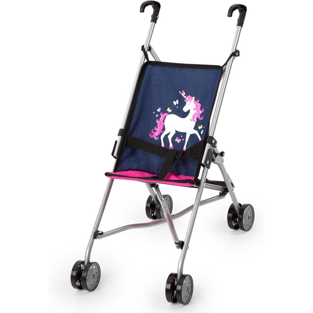 Bayer Design Dolls Buggy front view showing navy blue and pink unicorn printed seat with safety belt