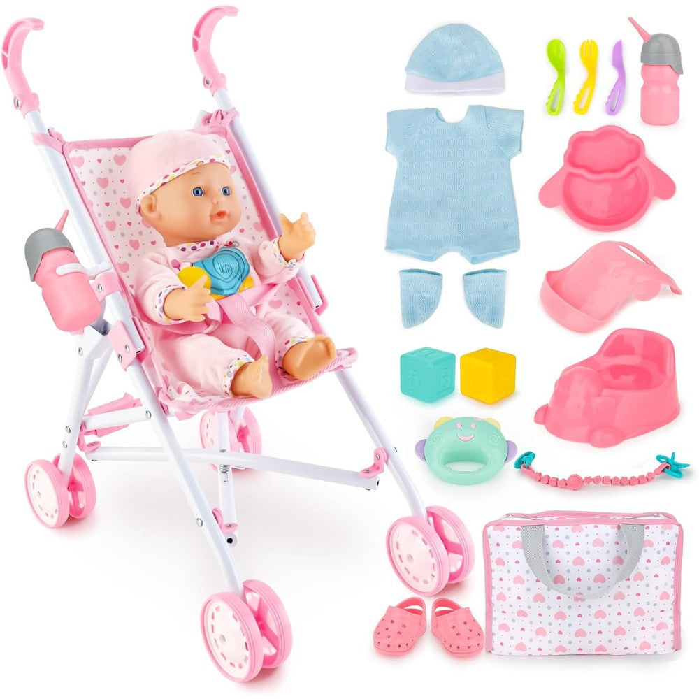 Deao baby doll stroller set showing the front view of the pink heart patterned pram and interactive doll.