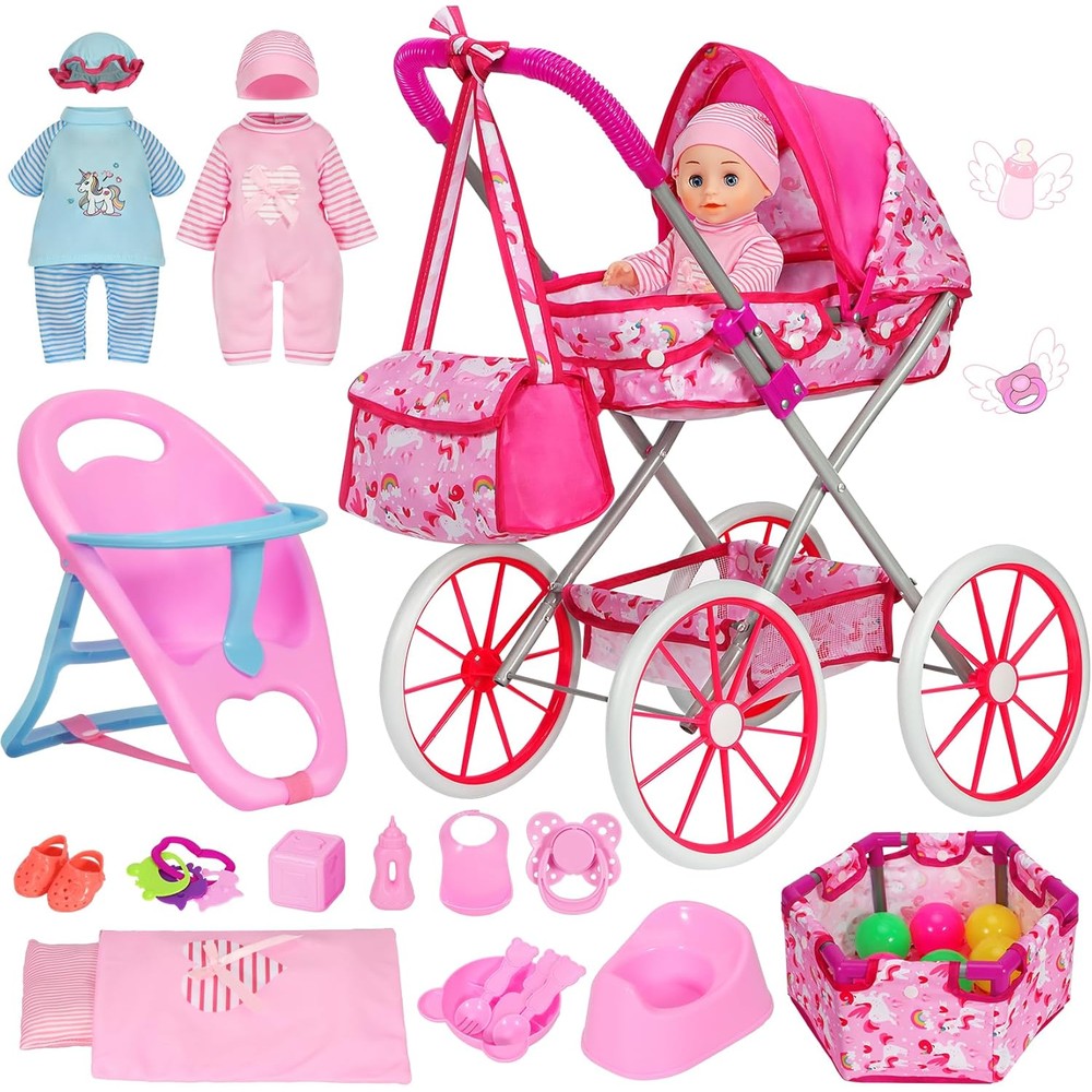 Dramation unicorn baby doll stroller set front view with doll