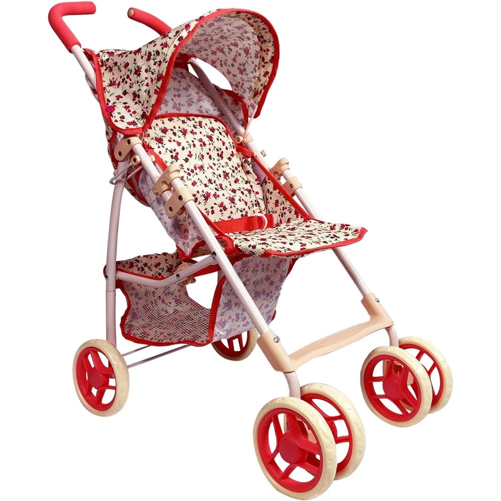 The New York Doll Collection baby doll stroller front view showing coral floral print fabric and ruby red trim.
