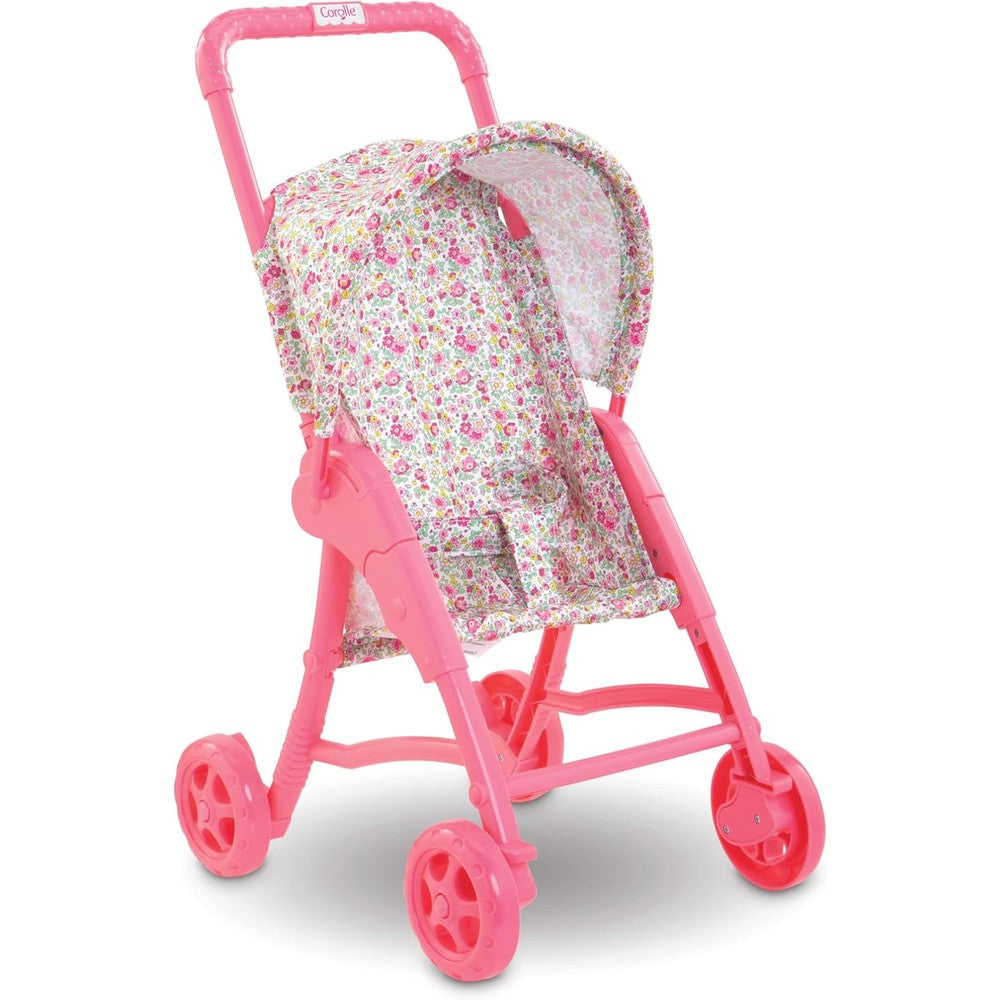 Corolle Mon Premier Poupon Foldable Baby Doll Stroller front view showing pink floral pattern design
