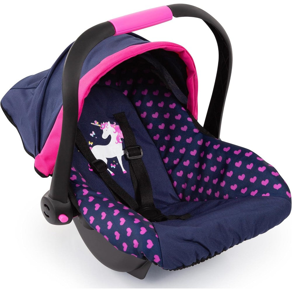 Bayer Design baby doll deluxe car seat front view showing navy blue fabric with pink hearts