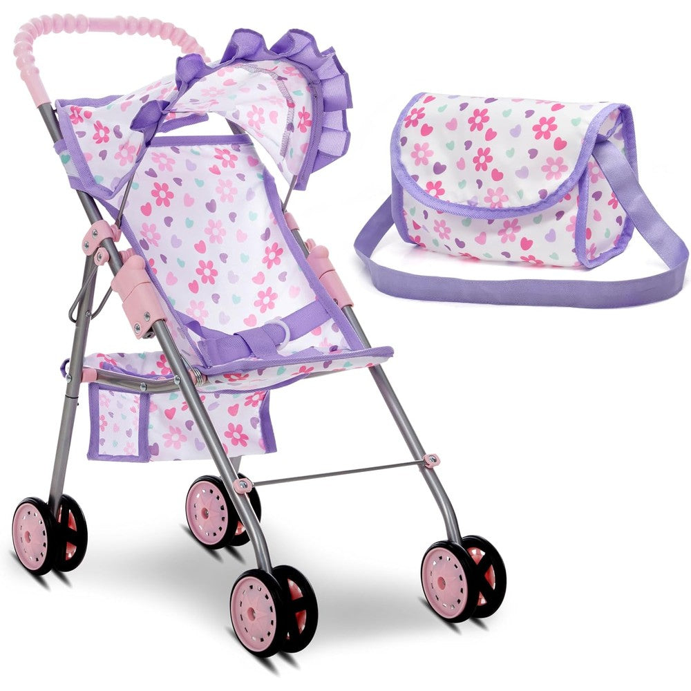 Dolls To Play baby doll stroller front view in purple