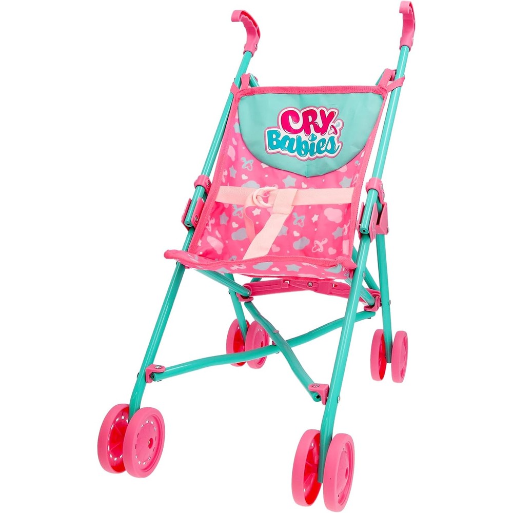Cry Babies baby doll stroller pink front view featuring turquoise frame and heart pattern seat