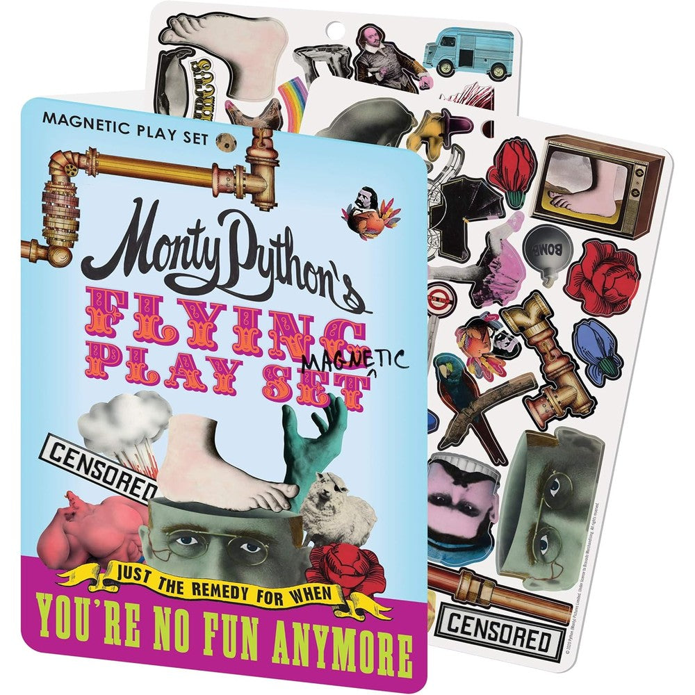 The Unemployed Philosophers Guild Monty Python Flying Magnetic Play Set front view showcasing fifty five pieces of fridge magnets.