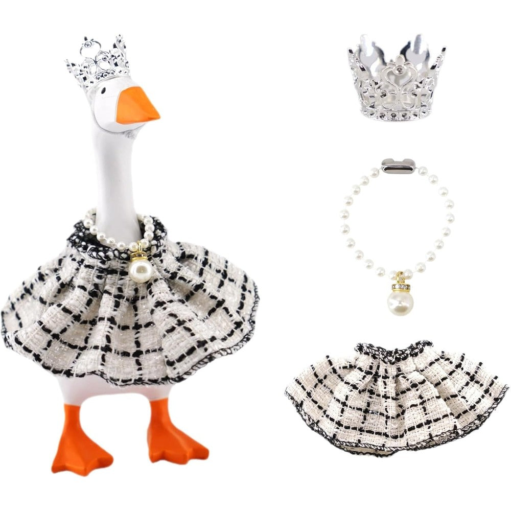 Generic mini desk goose outfits front view showing the crown black dress on a seven inch statue