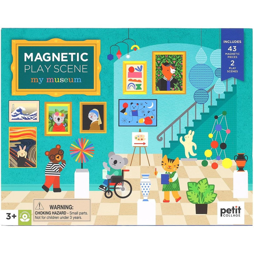Petit Collage My Museum Magnetic Play Scene front view of the easel packaging box featuring animal illustrations.