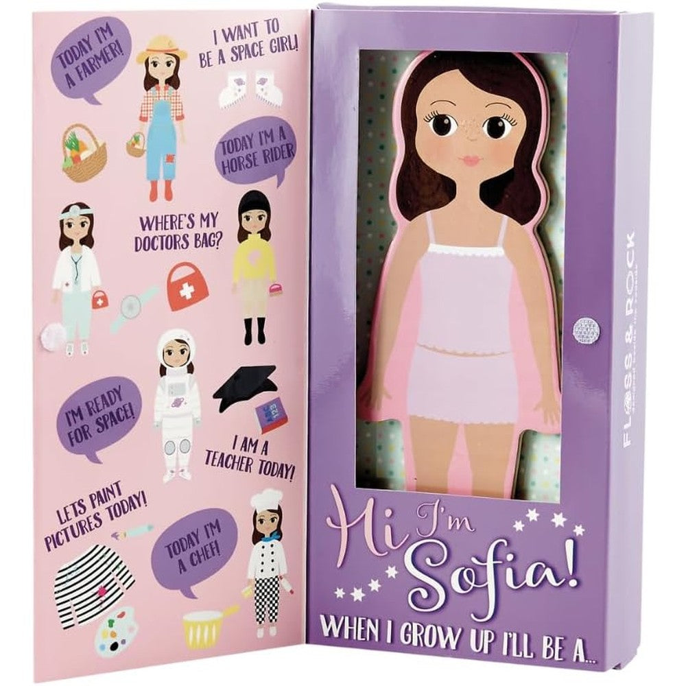 Floss and Rock Magnetic Dress Up Wooden Doll Sophia front view showcasing the packaging and career outfits