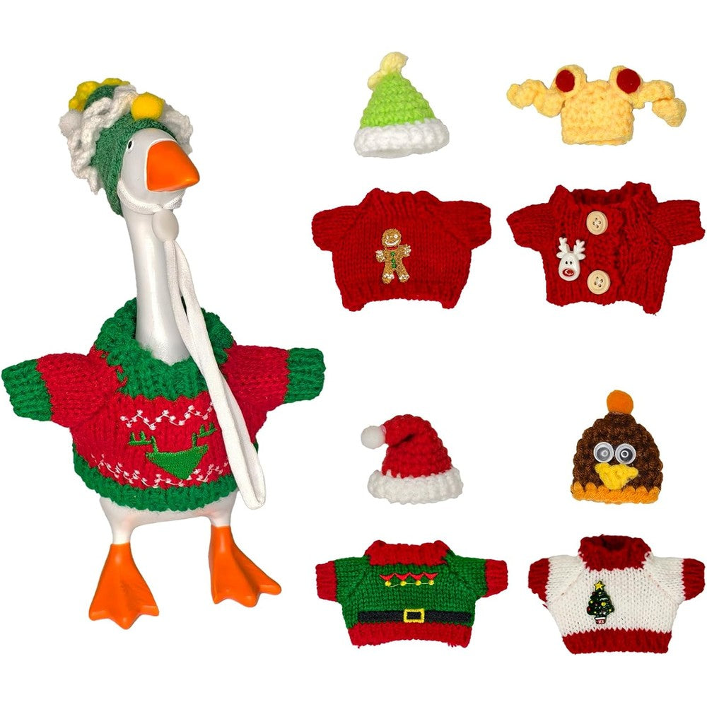 Axaron 5 sets 7 inch desk goose outfits front view showing festive holiday sweater and hat on a magnetic goose figurine.