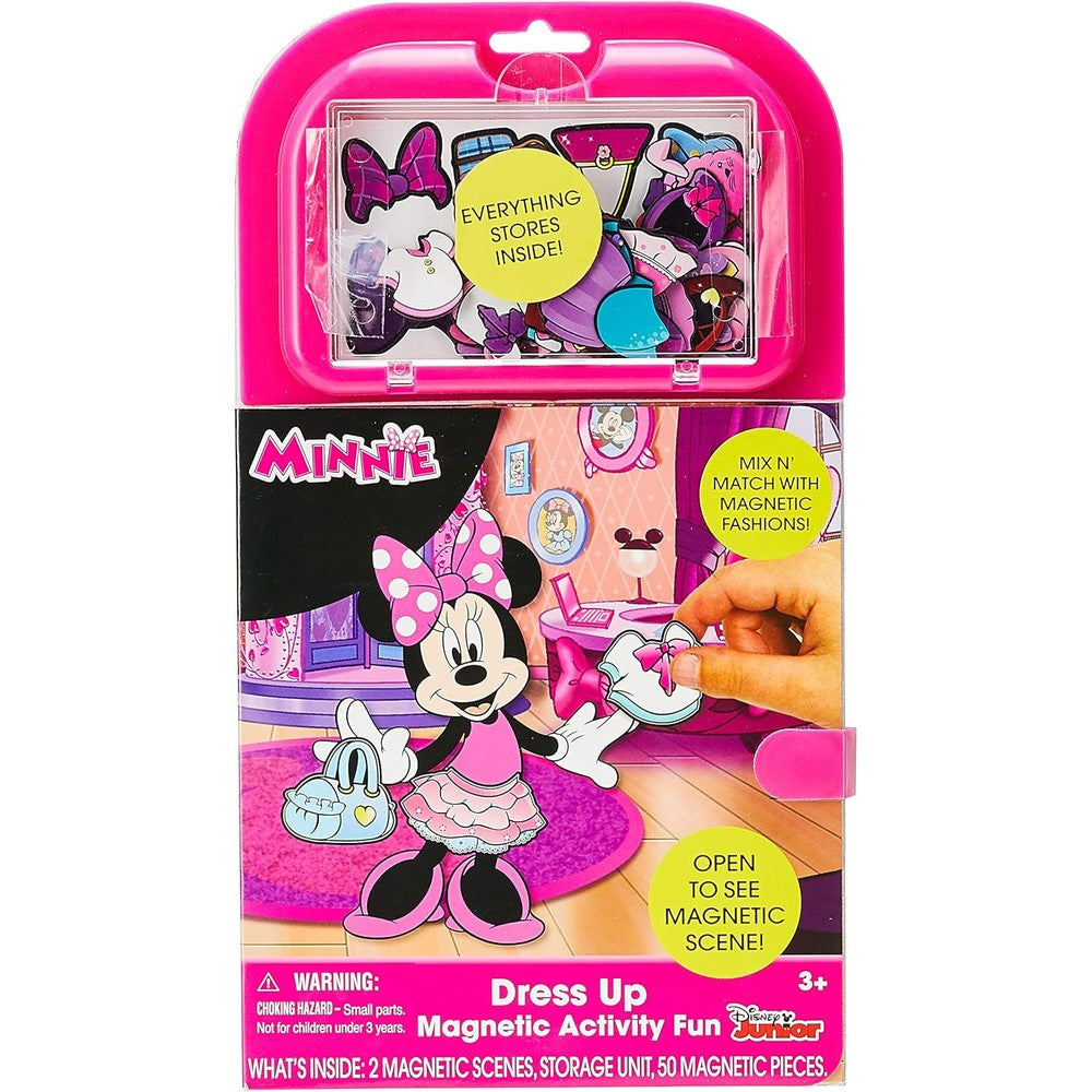 Tara Toys Disney Minnie Mouse Magnetic Dress Up activity set showing the open tri-fold play board and wooden doll figure front view