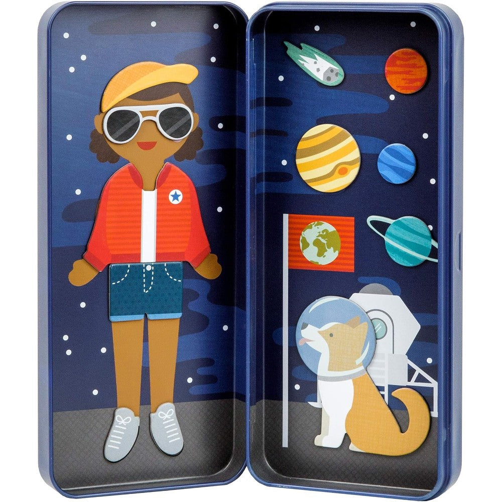 Petit Collage Shine Bright Magnetic Play Set Space Bound front view of the blue travel storage tin.