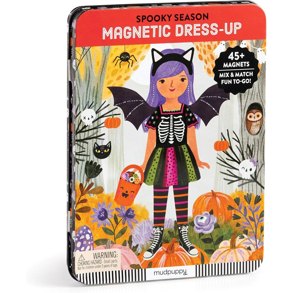 Mudpuppy Spooky Season Magnetic Dress Up Game front view of the metal travel tin showcasing Halloween character illustrations.