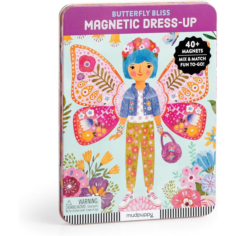 Mudpuppy Butterfly Bliss Magnetic Dress Up Set front view showing the illustrated storage tin
