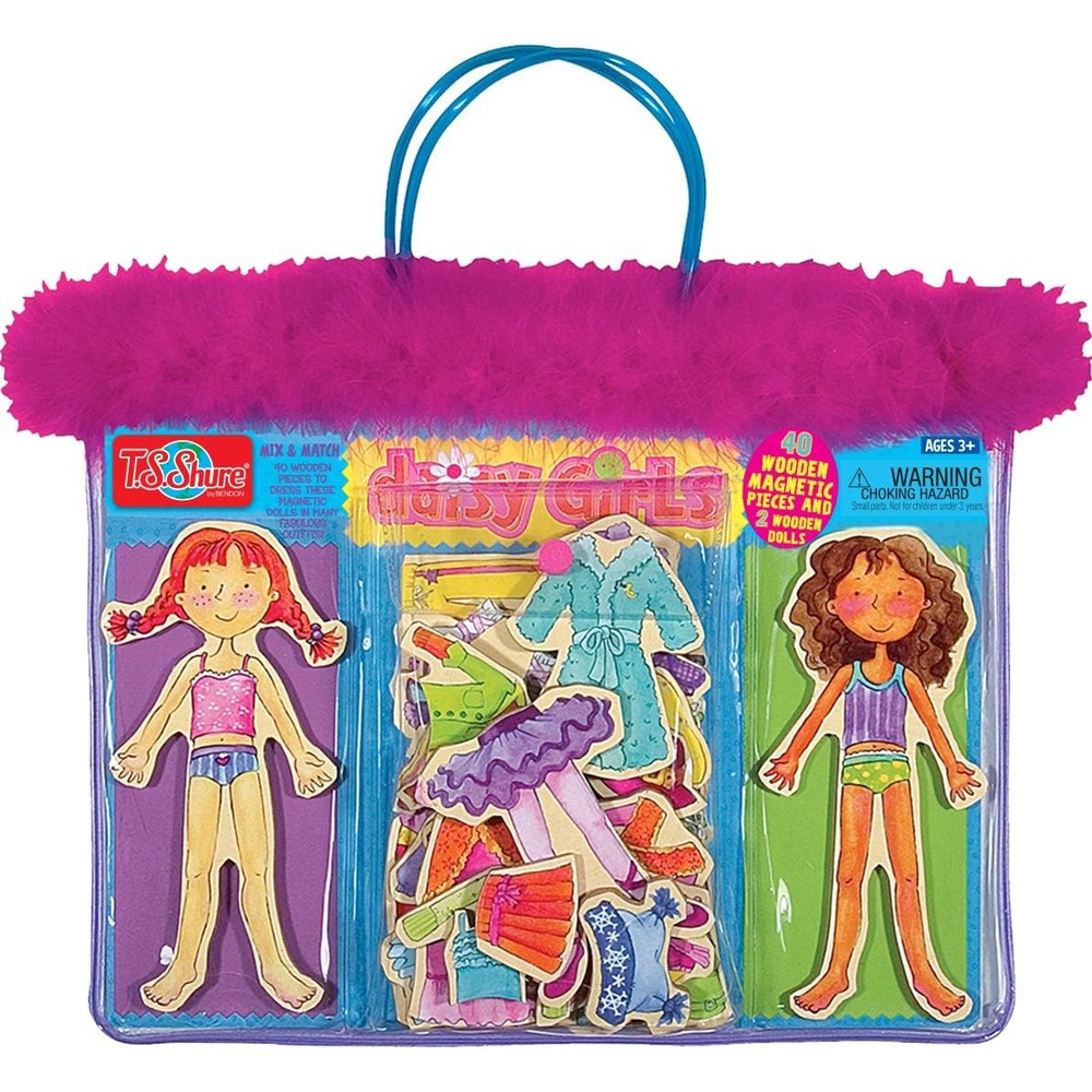 Bendon TS Shure Daisy Girls wooden magnetic dress up doll set front packaging view showcasing two dolls