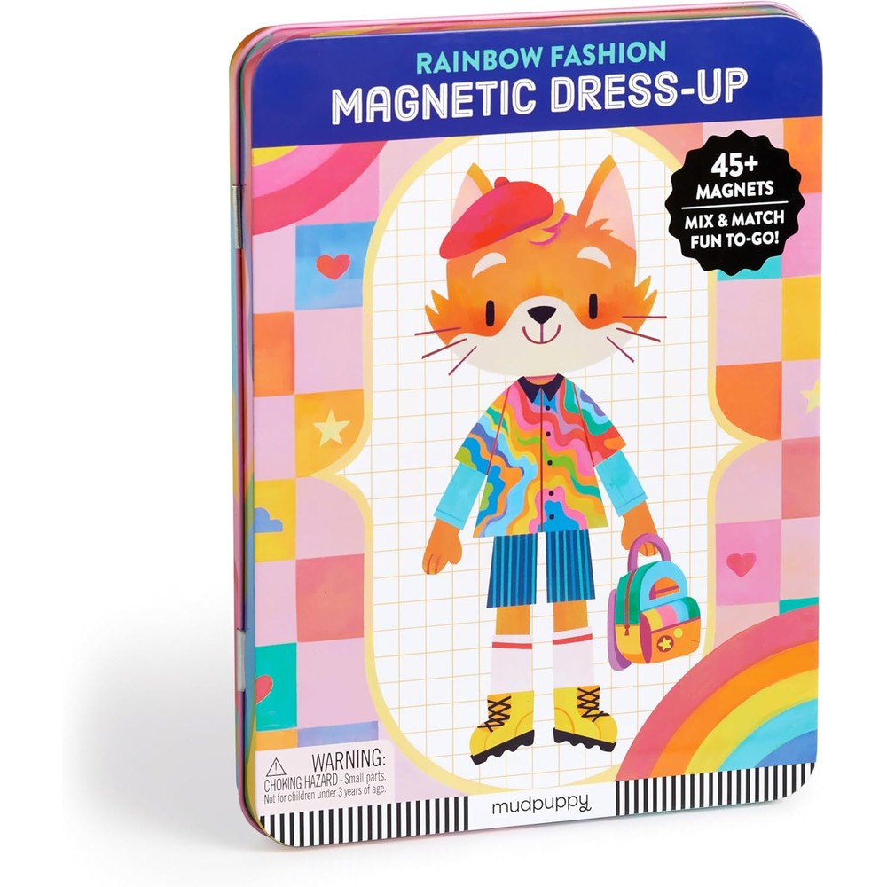Mudpuppy Rainbow Fashion Magnetic Dress Up Game front view packaging tin