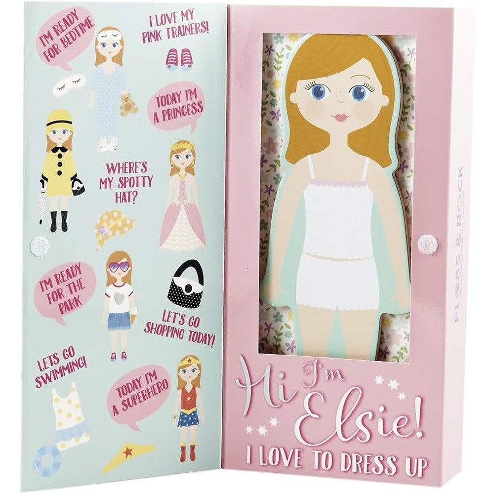 Floss And Rock Wooden Magnetic Dress Up Doll Elsie front view packaged in reusable gift box