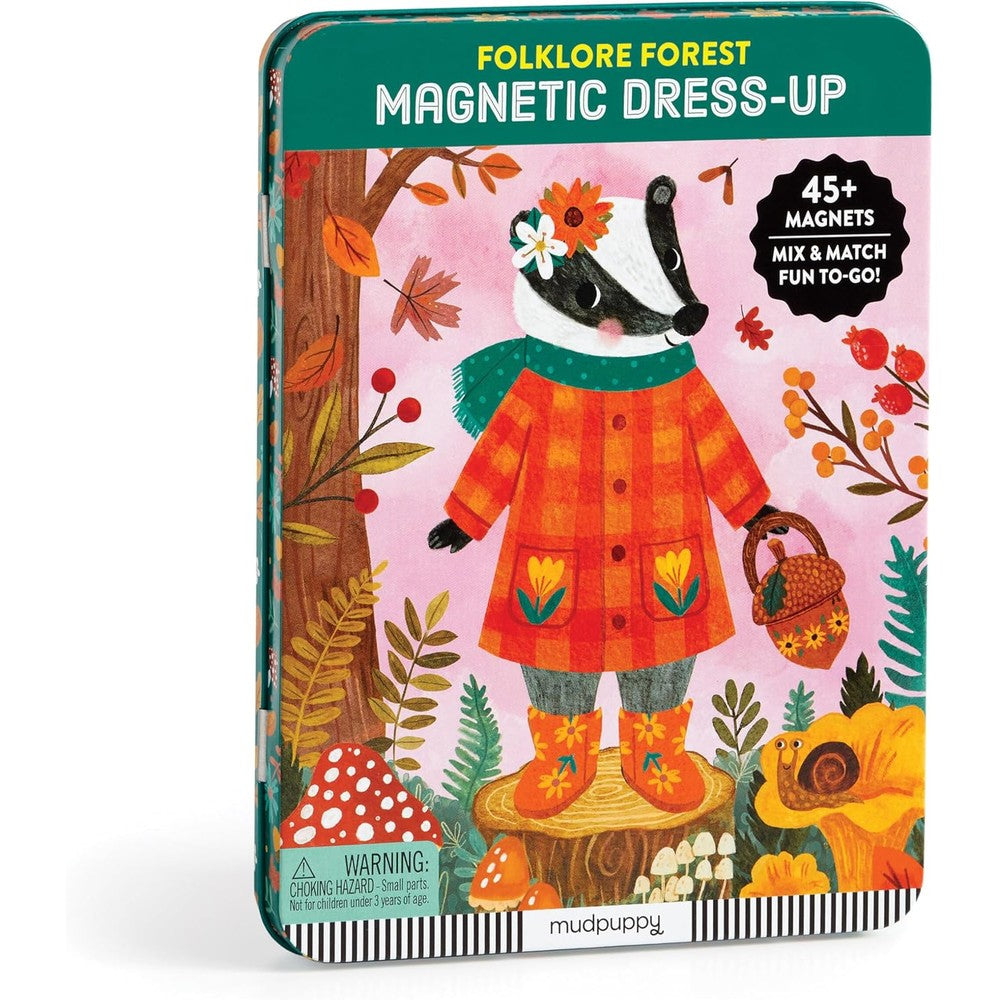 Mudpuppy Folklore Forest Magnetic Dress Up Game packaging front view showing autumn themed character illustration.