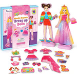 Mocoosy wooden magnetic dress up dolls front view showing two figurines dressed in colorful magnetic princess gowns