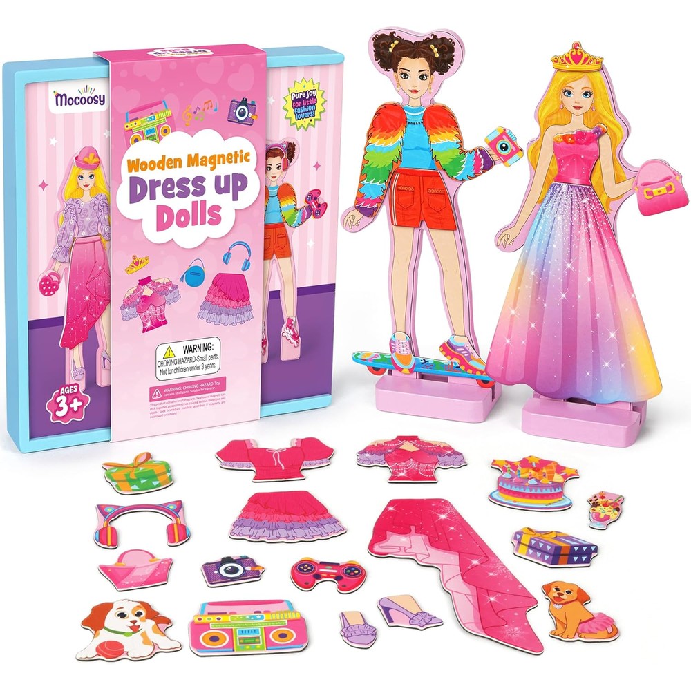 Mocoosy wooden magnetic dress up dolls front view showing two figurines dressed in colorful magnetic princess gowns
