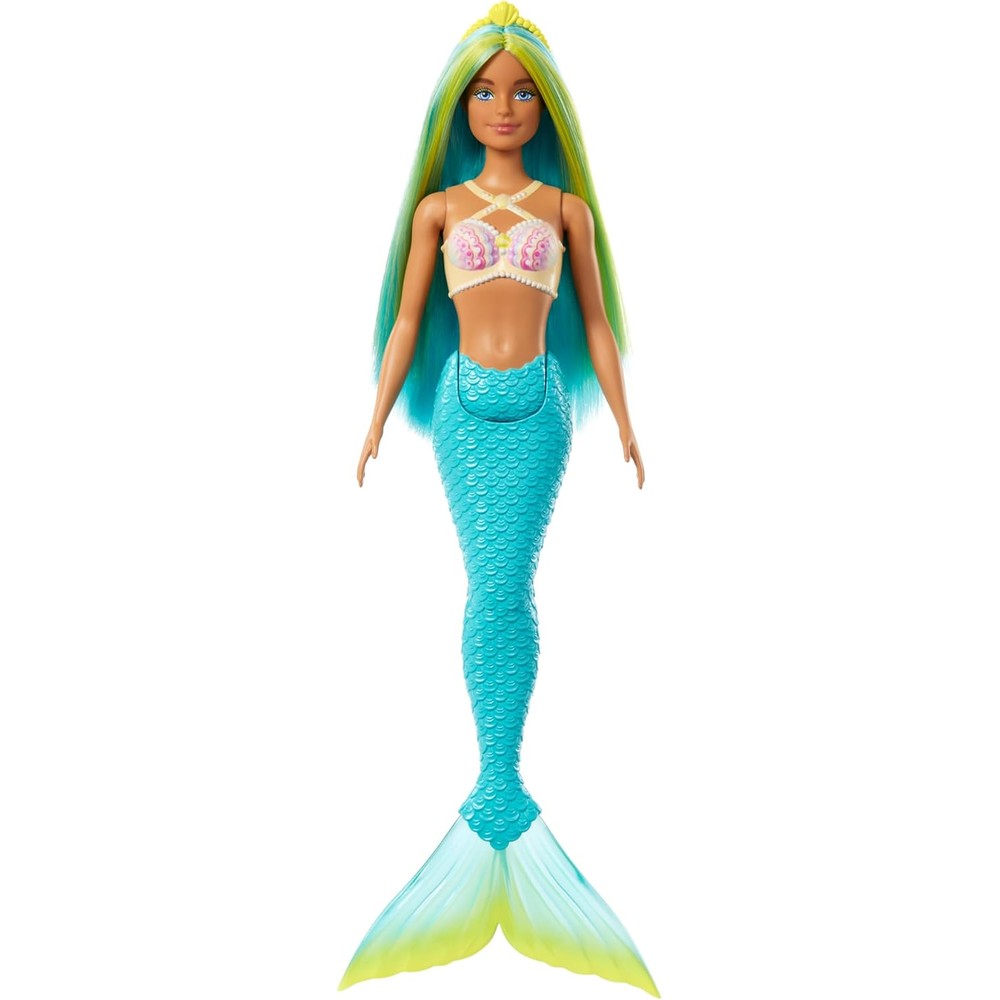 Barbie Dreamtopia Mermaid Doll front view showcasing two-tone blue and yellow hair.