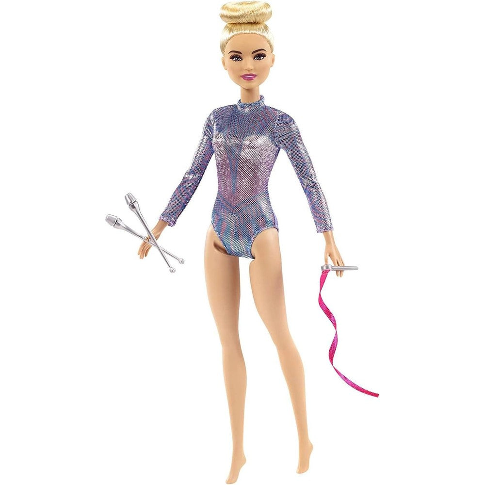 Barbie rhythmic gymnast blonde doll front view showcasing colorful metallic leotard.