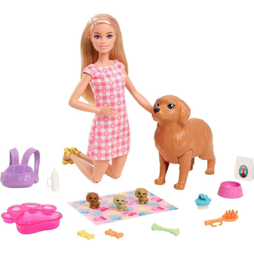 Barbie Doll and Pets Set front view showing blonde doll with mommy dog and three puppies