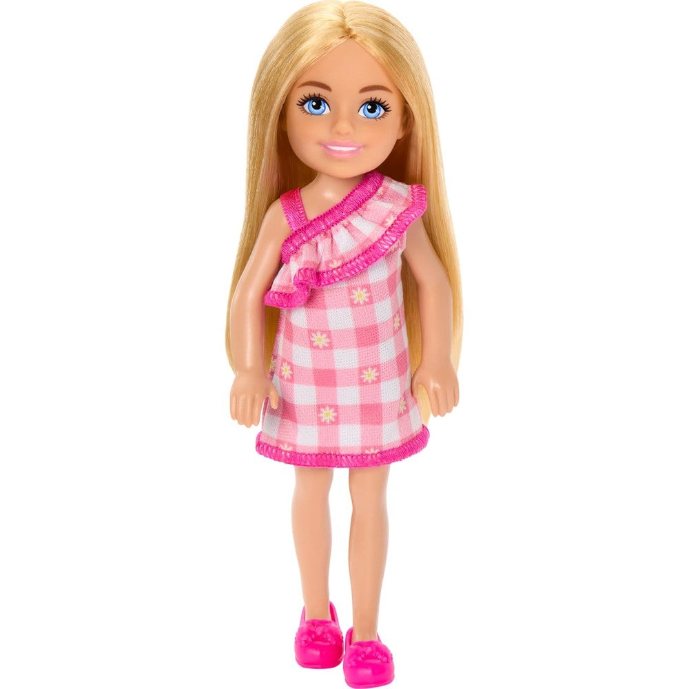 Barbie Chelsea doll front view wearing a pink checked dress