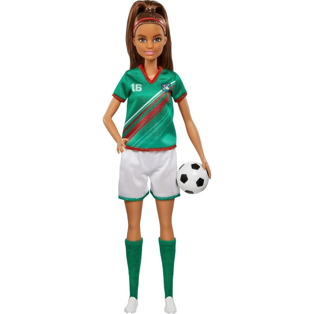 Barbie Careers Soccer Player Doll front view featuring green number 16 jersey and brunette ponytail.