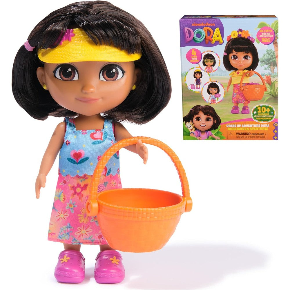 Dora Dress Up Adventure six inch doll front view showing removable clothes and accessories.