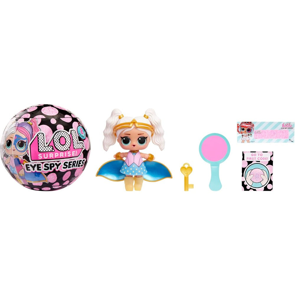 L.O.L. Surprise Eye Spy Series Tots Doll front view showing pink and black spotted capsule packaging.