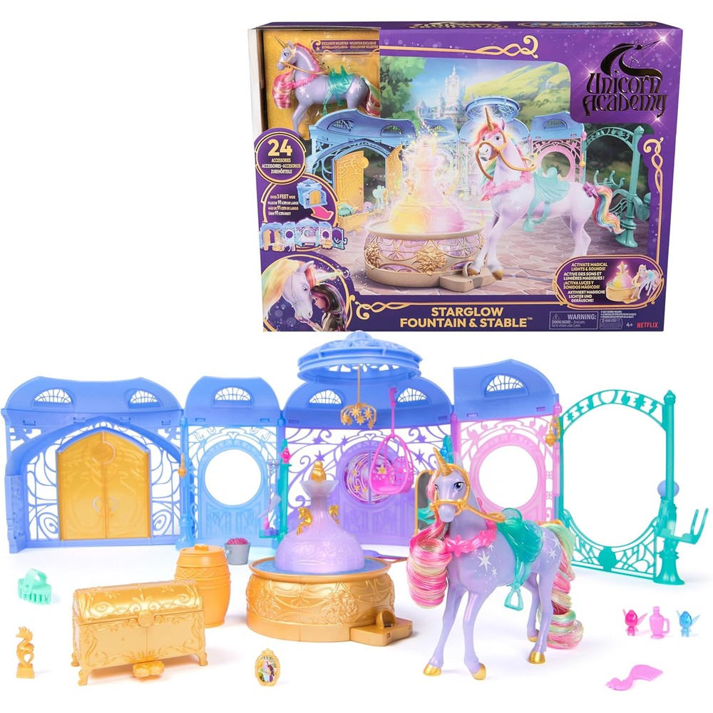 Unicorn Academy Starglow Fountain and Stable Playset front view showcasing extended three foot wide layout