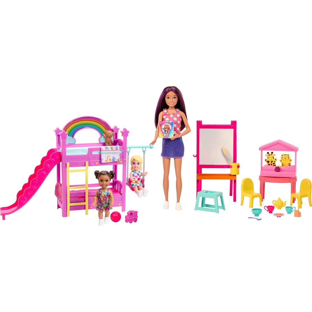 Barbie Skipper Babysitters Ultimate Daycare Playset front view with three dolls and rainbow bunk bed accessories.