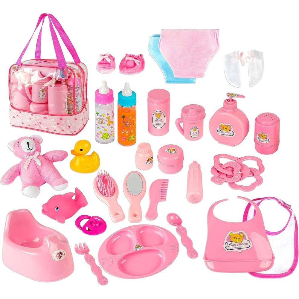 Fash N Kolor My Sweet Baby Disappearing Doll Feeding Set front view showing thirty eight pieces of premium pretend play toys.
