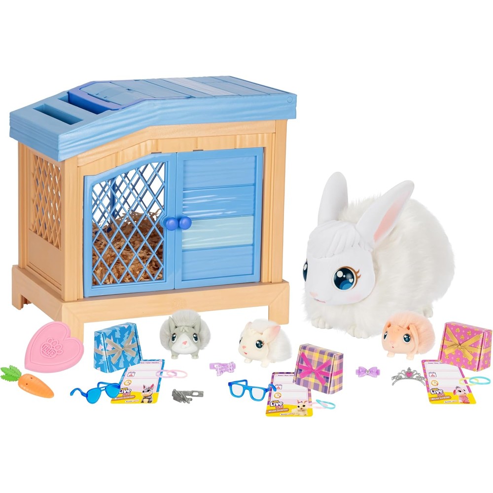 Little Live Pets Bunny Mama Surprise interactive hutch playset front view showcasing the white plush electronic rabbit