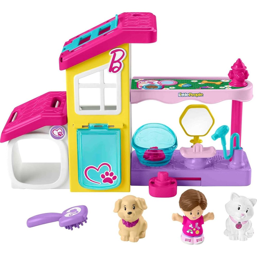 Fisher-Price Little People Barbie Pet Spa playset front view showing two floors of interactive toy features