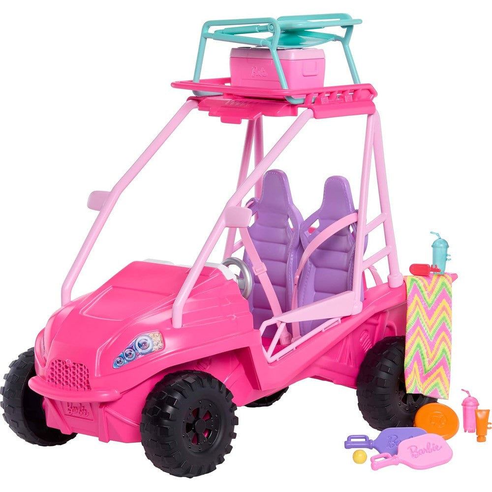 Barbie Mysteries Beach Detectives Playset featuring a pink toy car with a roof rack on a sandy background.