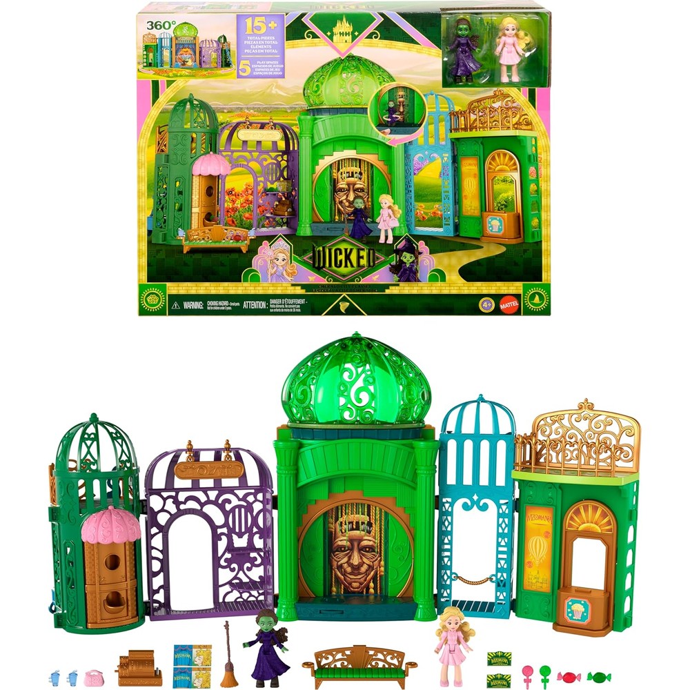 Mattel Wicked Emerald City Playset front view displaying the green and gold castle structure with small dolls