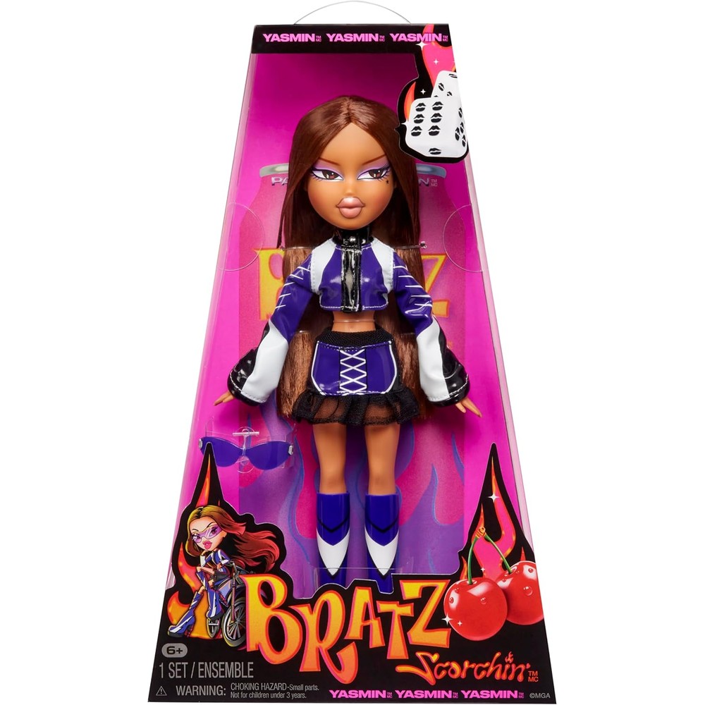 Bratz Scorchin Yasmin fashion doll front view wearing a purple racer jacket and leather ruffle mini skirt.