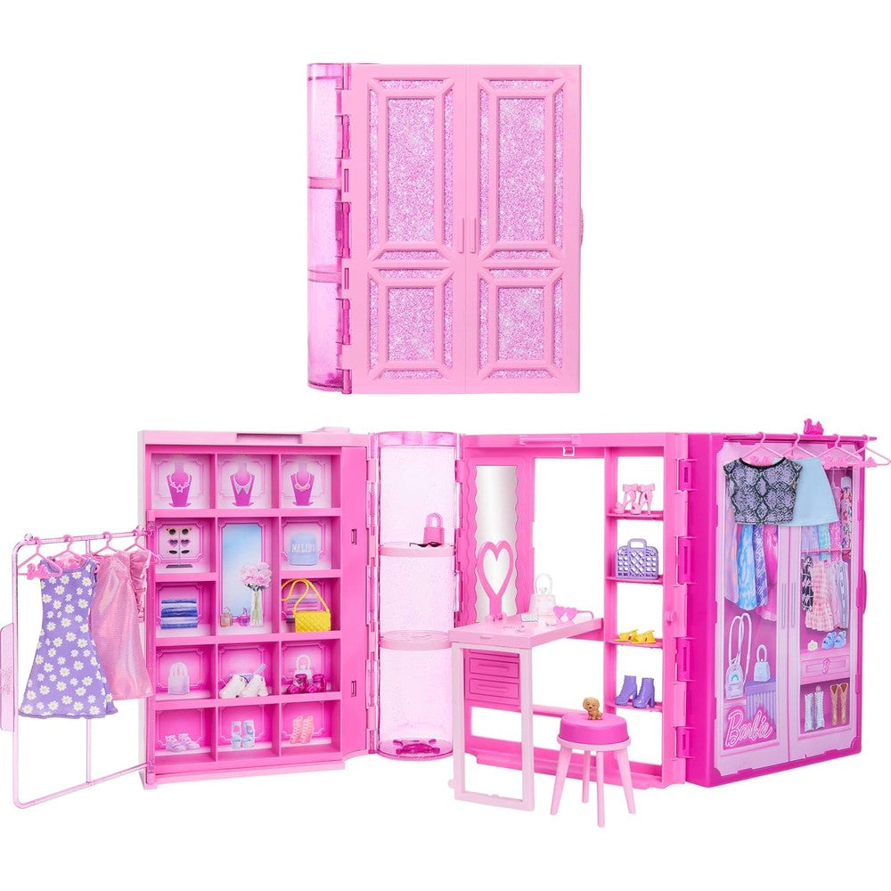 Barbie Dream Closet toy playset wardrobe front view showing glittery pink doors closed.