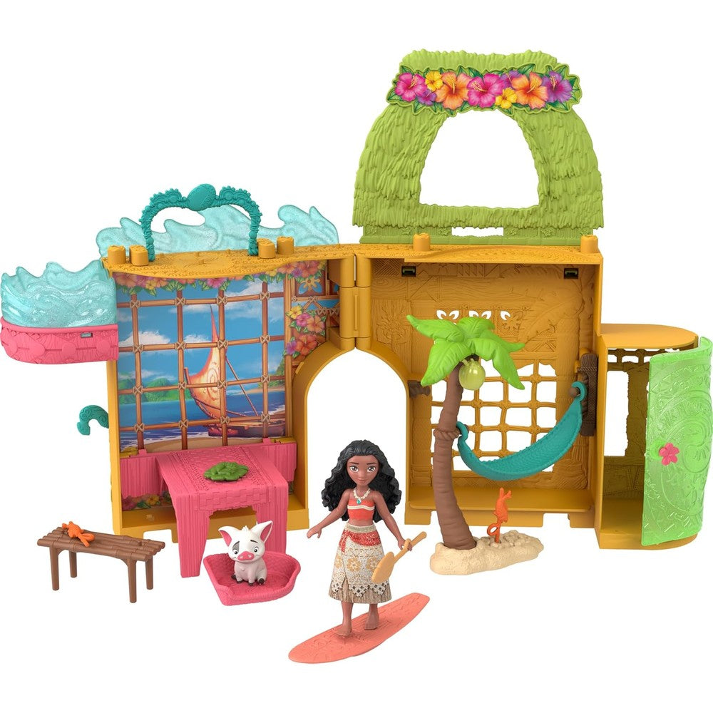 Mattel Disney Princess Moana Storytime Stackers doll house front view showing closed compact travel case with handle.