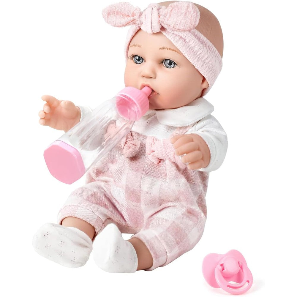 BDDOLL 12 Inch Baby Doll and Accessories Playset front view with pink clothes and feeding bottle