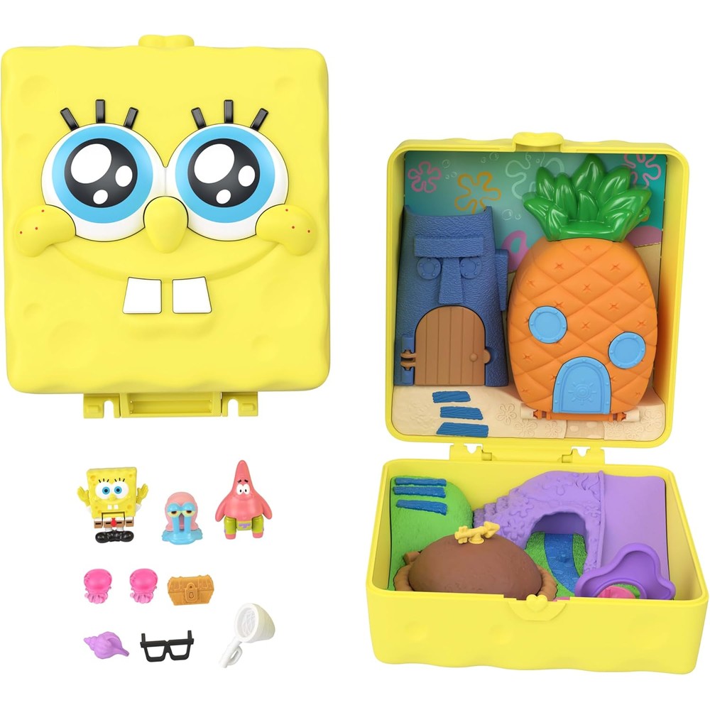 Polly Pocket SpongeBob SquarePants compact playset front view showing iconic yellow face exterior