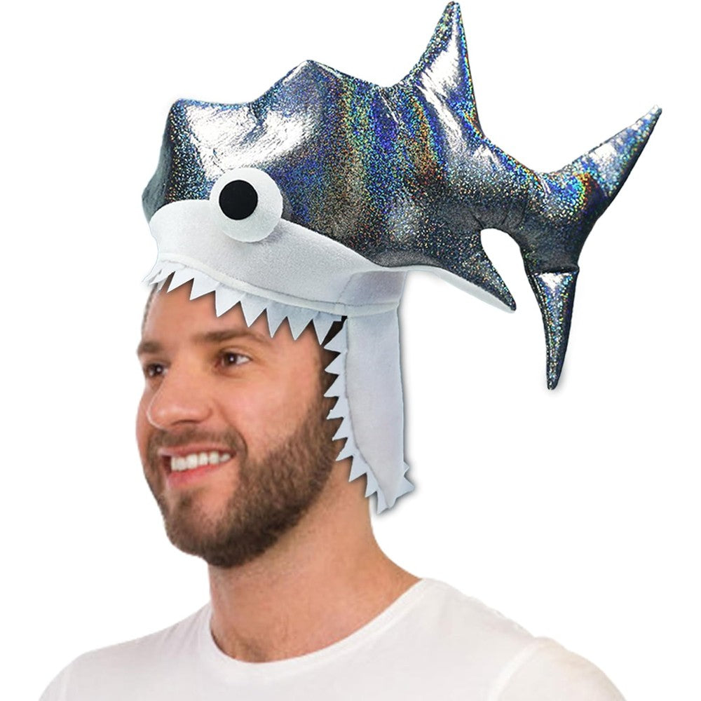 PerFest twinkling silver shark costume hat front view