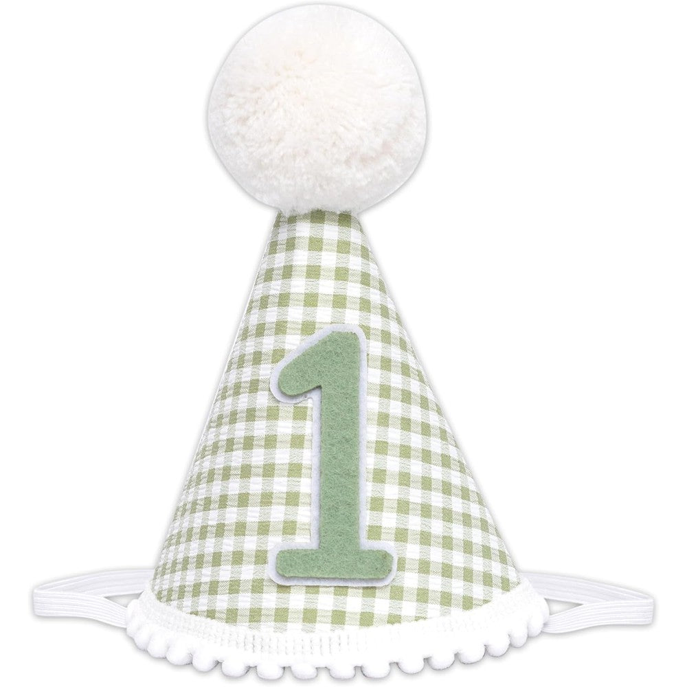 Sherkarmiu green gingham first birthday hat front view for baby milestone photo
