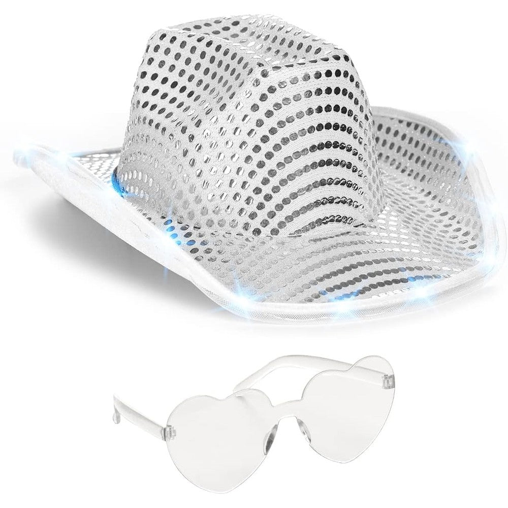 Funcredible white sequin light up cowboy hat with heart glasses front view
